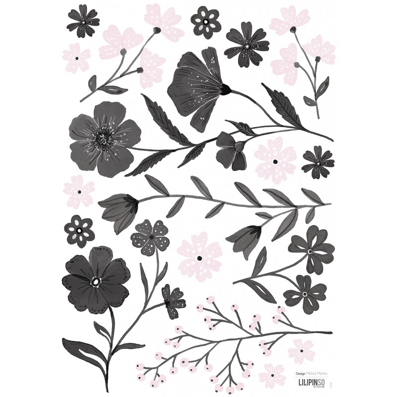 Stickers A3-Fleur noir et rose